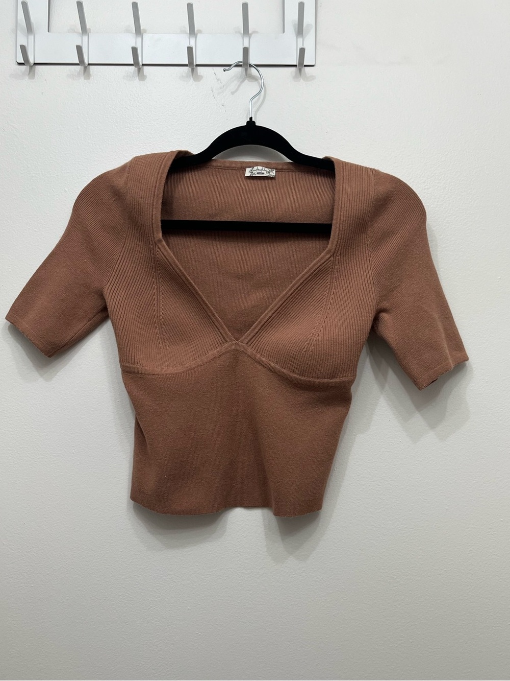 Free People Rust Brown Ribbed Deep V Knit Top NWOT Med